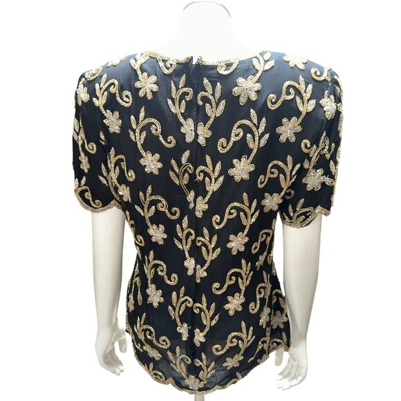 Stenay Small Black Gold All Silk Beaded Sequin Floral Blouse Vintage Evening Top - Picture 4 of 13